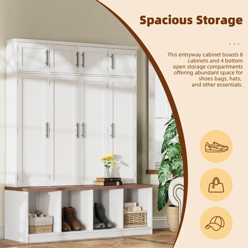 Rustic Farmhouse Hall Tree with 8 Storage Doors, Heavy-Duty Shoe Storage Bench Unit with 4 Bottom Compartments, 59'' L x 15.5'' W x 75'' H, White