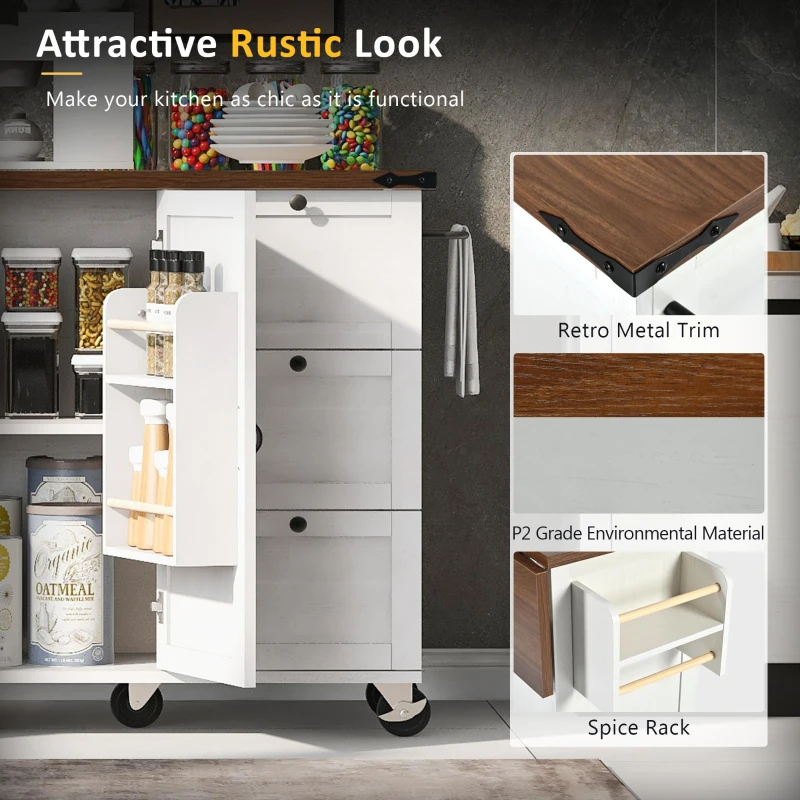 Farmhouse Kitchen Island with Power Outlet and Drop Leaf, Versatile Rolling Cart with Spice Rack and Storage, 54.5'' L x 28.5" W x 36.5" H, White