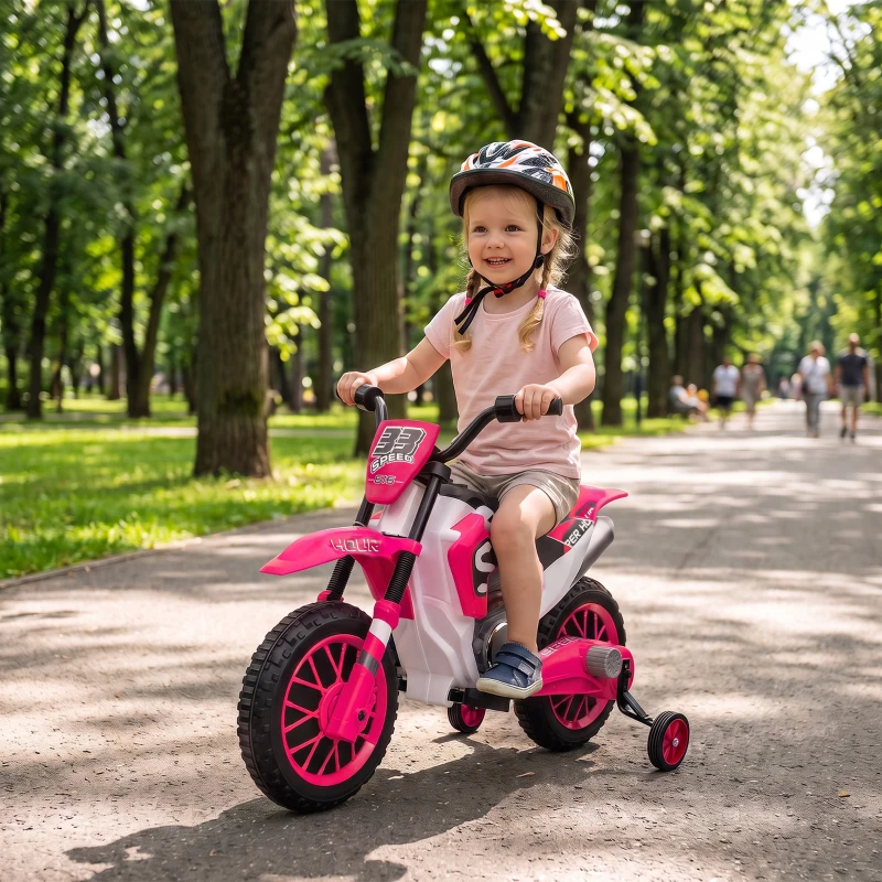 Aosom 12V Kids Motorcycle with Dual Motors, Training Wheels, Rear Suspension, Soft Start, Max Speed 5 MPH, for 3-6 Years, Pink