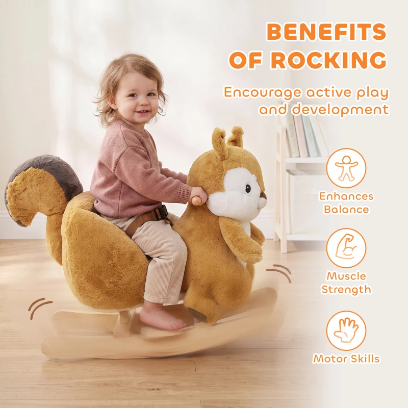 Qaba Rocking Horse for Toddlers 1-3 Years, Squirrel Baby Rocking Horse with Animal Sound, Safety Belt, Brown