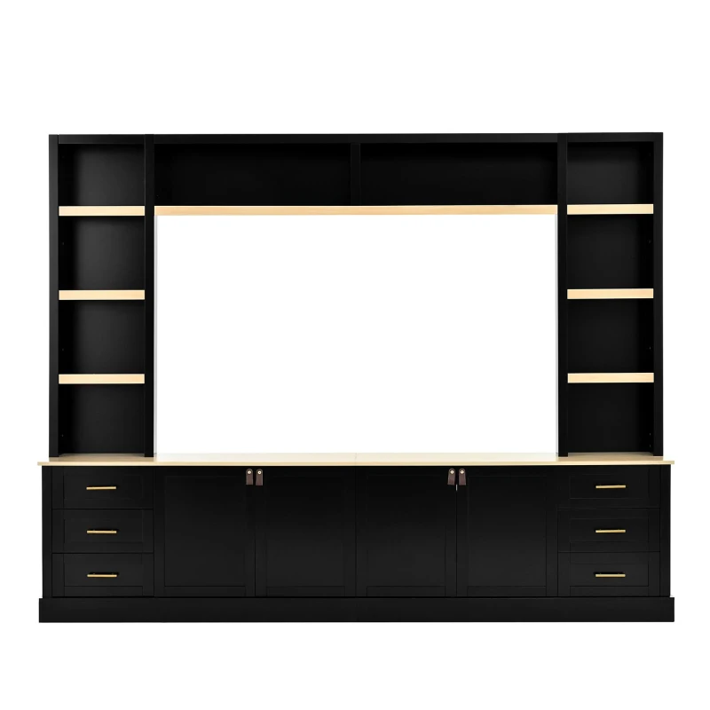 Rustic Farmhouse Entertainment Centre with 6 Storage Drawers, Modern TV Wall Unit with Adjustable Shelves, 98.5'' L x 15.5'' W x 79.5'' H, Black