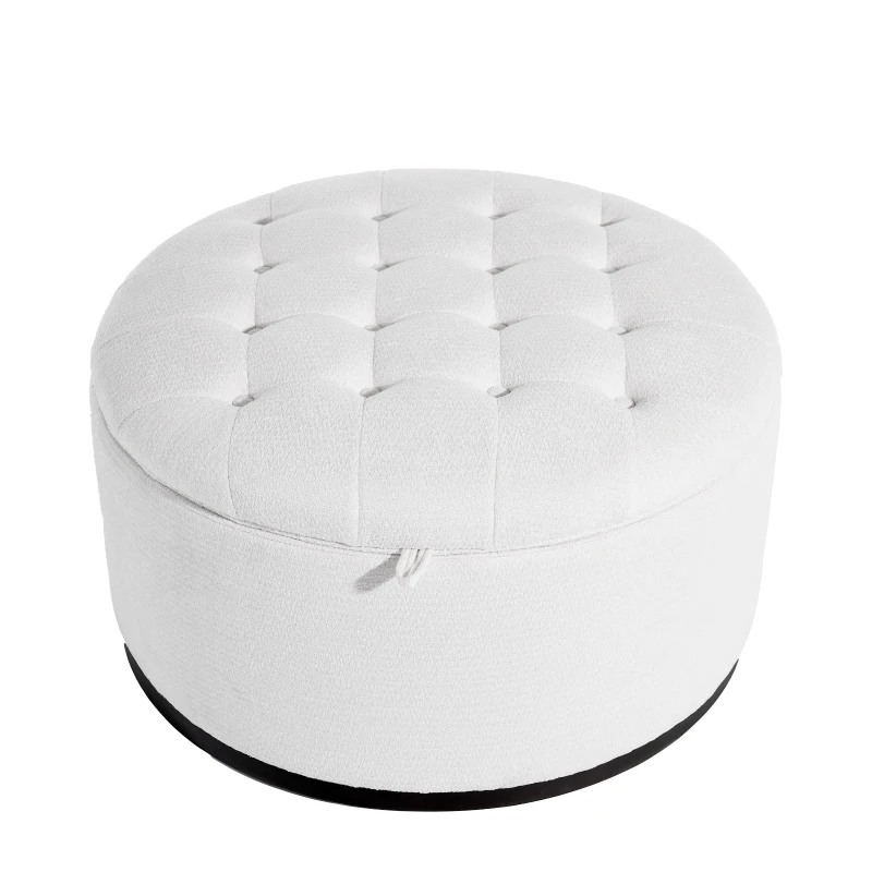 Elegant Round Storage Ottoman with Tufted Chenille and Removable Lid, Versatile Coffee Table for Living Room, 28'' L x 28" W x 16.5" H, White
