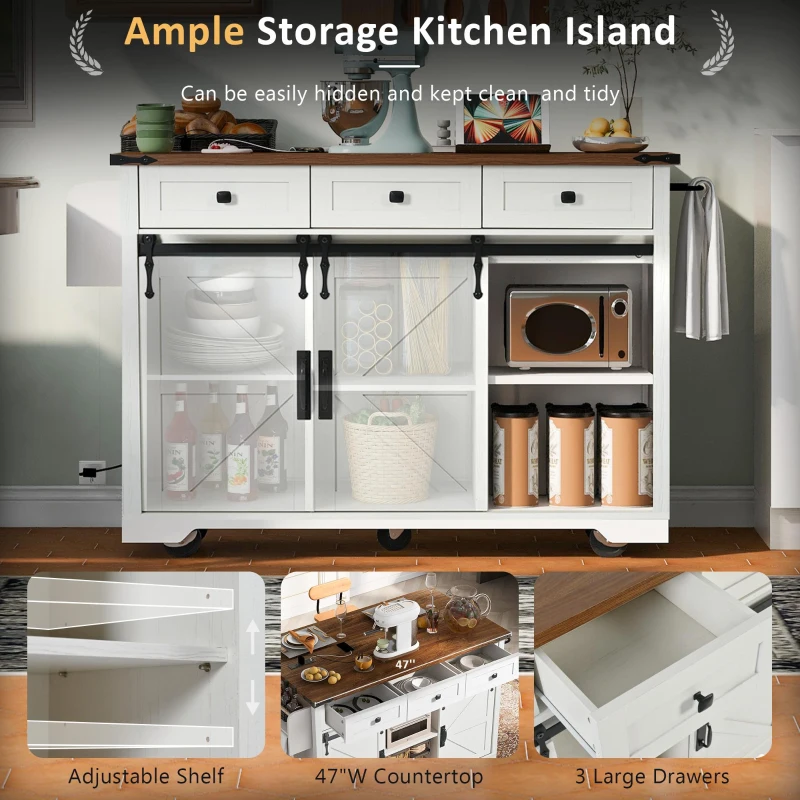 Farmhouse Kitchen Island with Power Outlet, Drop Leaf and Sliding Barn Doors, Versatile Rolling Cart for Kitchen, 53.5'' L x 18.5" W x 37" H, White