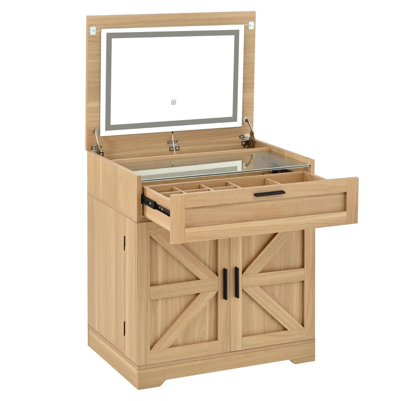 Versatile 3-in-1 Flip Top Makeup Vanity Cabinet with LED Lighted Mirror, Rustic Dressing Table for Bedroom, 26.5'' L x 19.5" W x 29.5" H, Natural