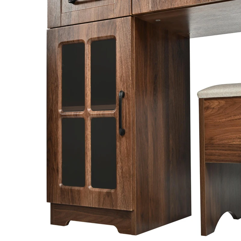 Farmhouse Makeup Vanity with Lighted Mirror and Power Outlet, Chic Dressing Table with Drawers and Stool, 47'' L x 15.5" W x 61.5" H, Walnut