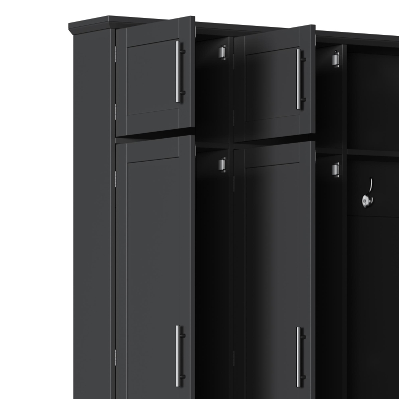 Rustic Farmhouse Hall Tree with 8 Storage Doors, Heavy-Duty Shoe Storage Bench Unit with 4 Bottom Compartments, 59'' L x 15.5'' W x 75'' H, Black