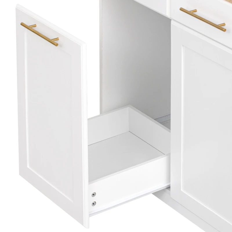 Vintage Kitchen Island with Trash Storage and Organizers, Versatile Rolling Cart with Power Outlet and Spice Rack, 59'' L x 29.5" W x 35.5" H, White