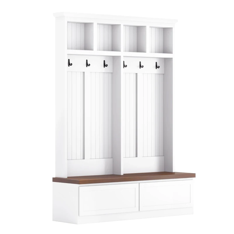 Rustic Farmhouse 4-in-1 Hall Tree Coat Rack with 2 Large Drawers, Shoe Storage Bench Unit with 6 Hooks, 53'' L x 15'' W x 75.5'' H, White