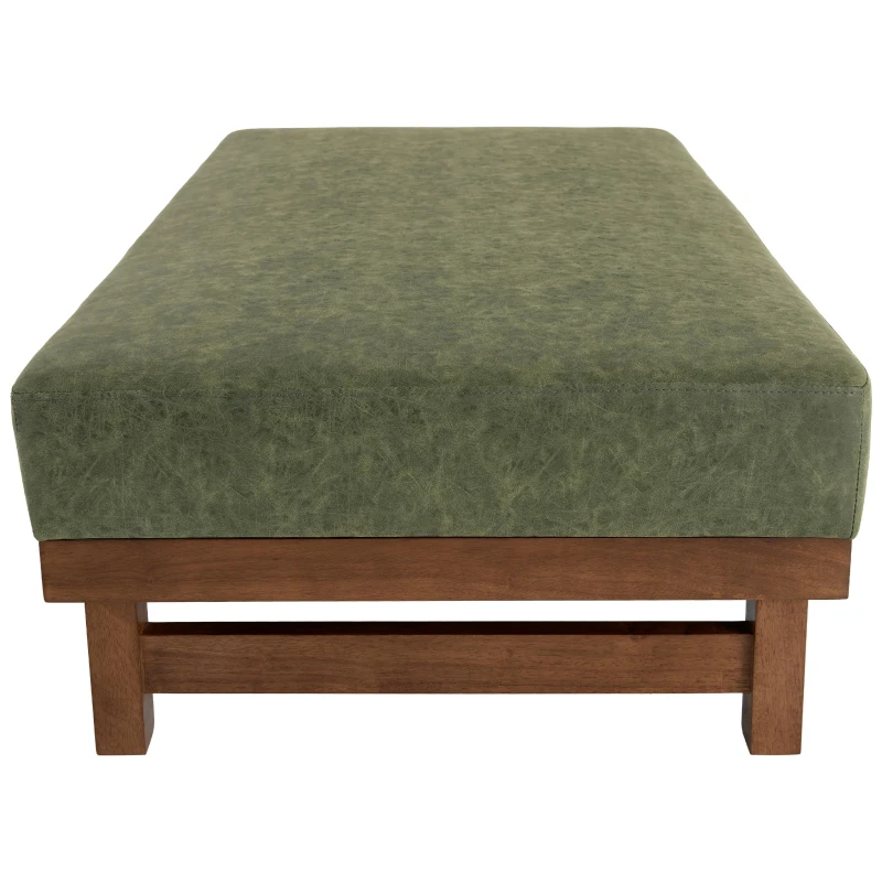 Sleek Large Ottoman with Faux Leather and Walnut Legs, Versatile Coffee Table for Living Room and Bedroom, 48" L × 27.5" W × 15.5" H, Green