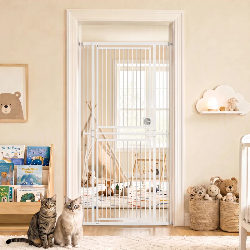 PawHut 71" Extra Tall Cat Gate,  29"-39" Wide Pet Gate with No Drilling, Narrow Spacing, Pull-Ring Latch, 2 Extension Kits