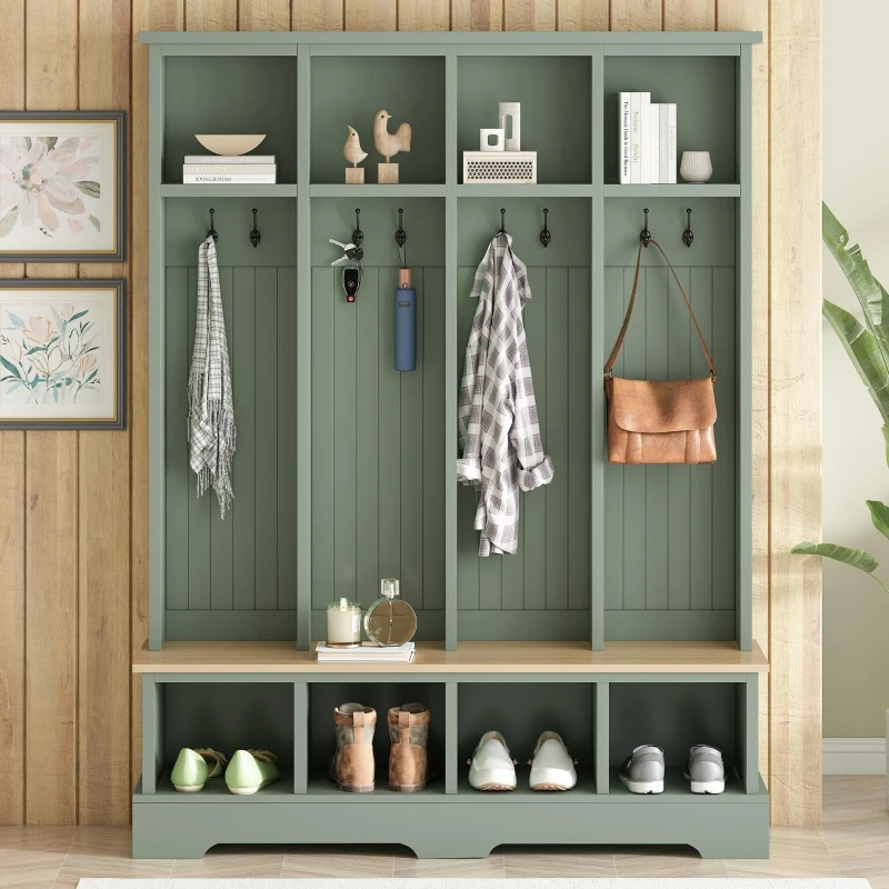 Farmhouse Hall Tree Coat Rack with 8 Retro Hooks, Shoe Bench Unit with 8 Storage Compartments, 59'' L x 15.5'' W x 76.5'' H, Mint Green