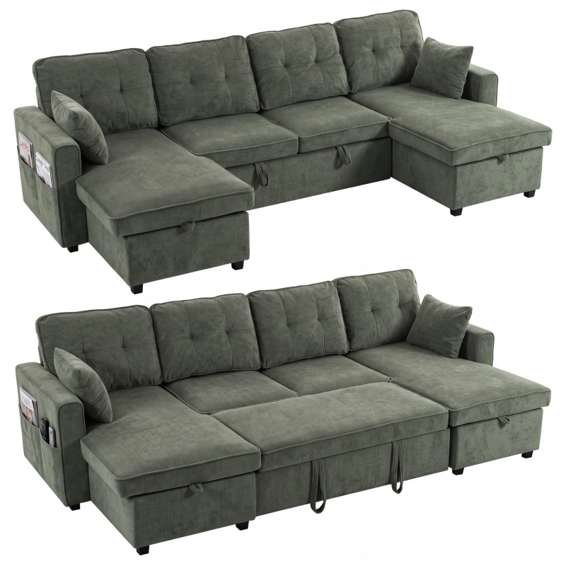 HOMCOM Sectional Sofa Bed, 113" U Shaped Pull Out Sleeper Sofa Bed with Dual Storage Chaises, Wide and Deep Seat, Green