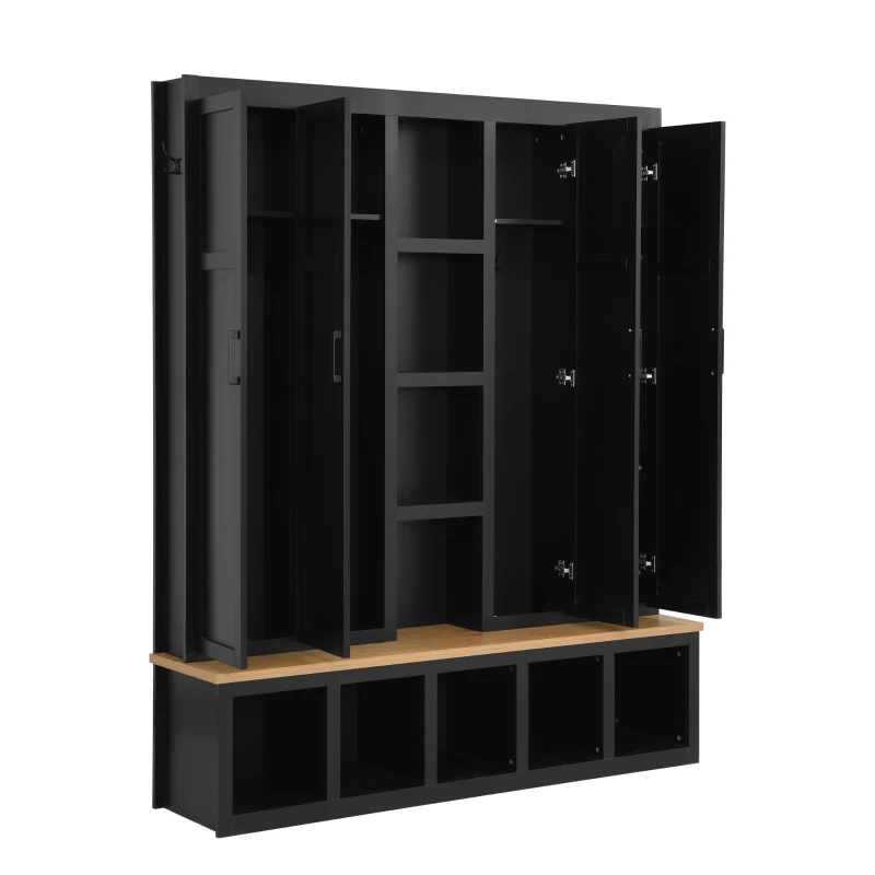 Rustic 4-in-1 Hall Tree Coat Rack with 4 Cabinets and 6 Sturdy Hooks, Shoe Storage Bench Unit for Mudroom, 63'' L x 15.5'' W x 76.5'' H, Black