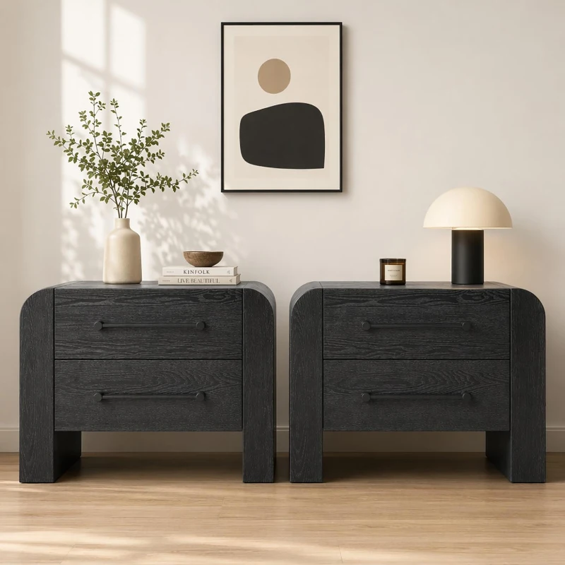 Minimalist Modern Nightstand Set of 2 with Black Metal Handles, Wooden Bedside Storage Tables for Bedroom, 28.5'' L x 15.5'' W x 23.5'' H, Black