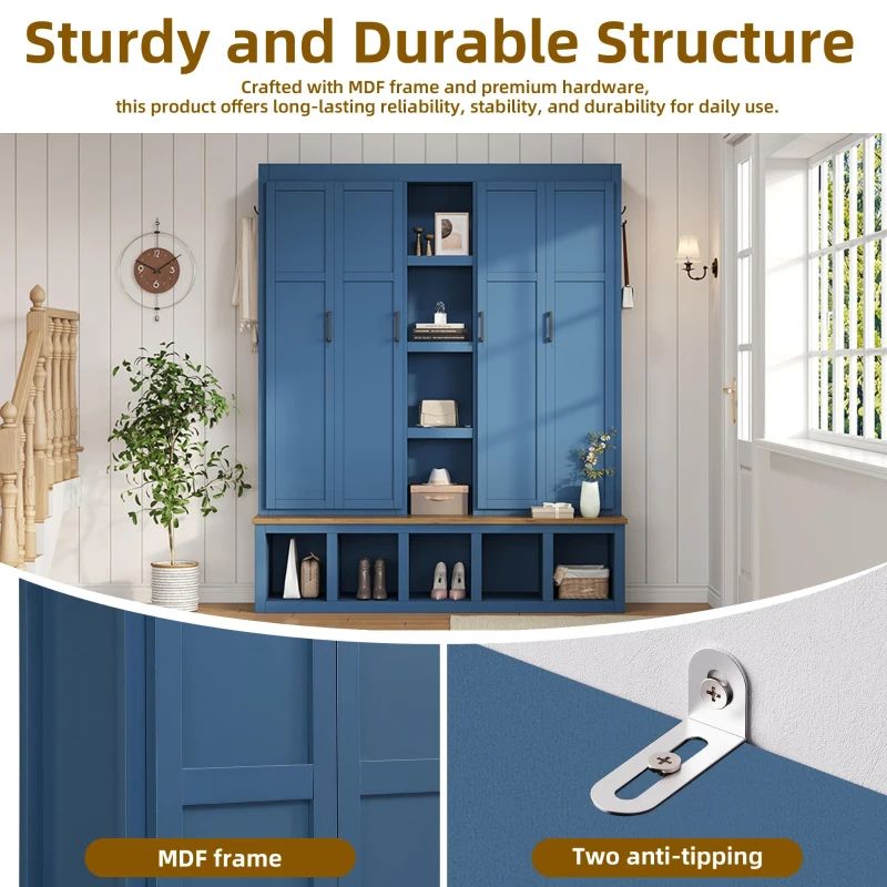 Rustic 4-in-1 Hall Tree Coat Rack with 4 Cabinets and 6 Sturdy Hooks, Shoe Storage Bench Unit for Mudroom, 63'' L x 15.5'' W x 76.5'' H, Blue