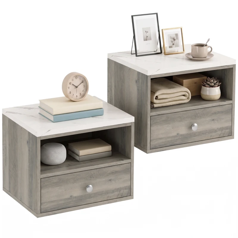 HOMCOM Floating Bedside Tables Set of 2 with Drawer, Open Storage and White Marble Effect Top for Bedroom, Natural