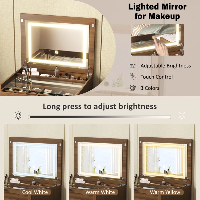 Versatile 3-in-1 Flip Top Makeup Vanity Cabinet with LED Lighted Mirror, Rustic Dressing Table for Bedroom, 26.5'' L x 19.5" W x 29.5" H, Walnut