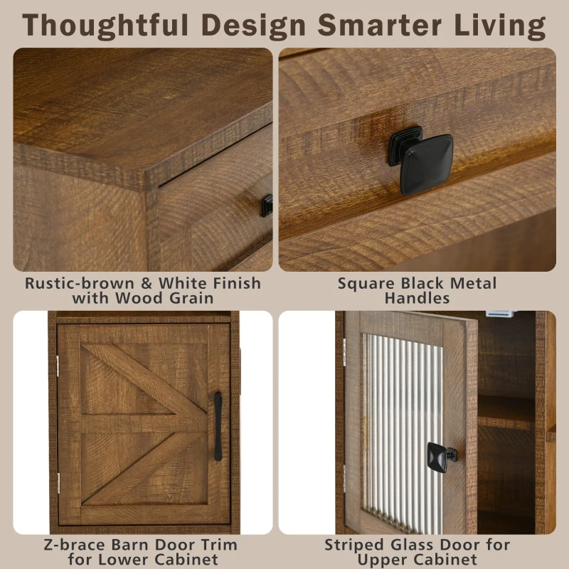 Farmhouse Makeup Vanity with LED Mirror and Outlet, Chic Dressing Table with Drawers and Padded Stool, 37.5'' L x 15.5" W x 56" H, Rustic Brown