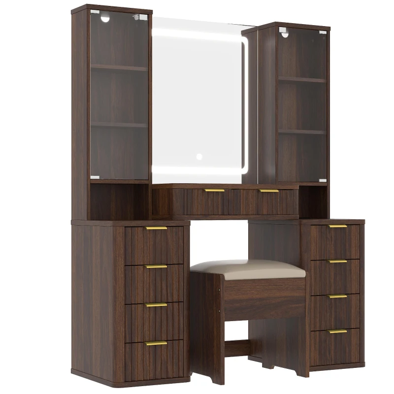 Elegant Fluted Dressing Vanity Desk with 3-Colour LED Mirror, Modern Makeup Table Unit with 10 Drawers, 43.5'' L x 15.5'' W x 54.5'' H, Brown