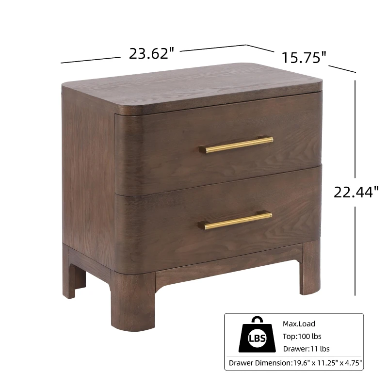 Chic Nightstand with 2 Drawers, Rounded Corners and Gold Handles, Versatile Storage Cabinet for Bedroom, 23.5'' L x 15.5" W x 22.5" H, Brown Oak