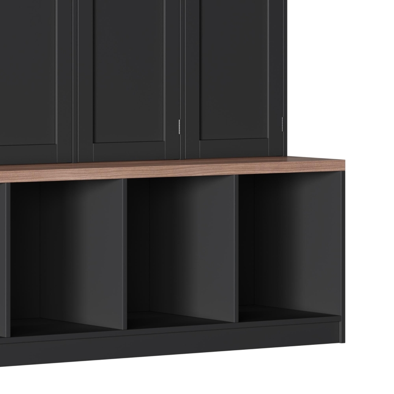 Rustic Farmhouse Hall Tree with 8 Storage Doors, Heavy-Duty Shoe Storage Bench Unit with 4 Bottom Compartments, 59'' L x 15.5'' W x 75'' H, Black