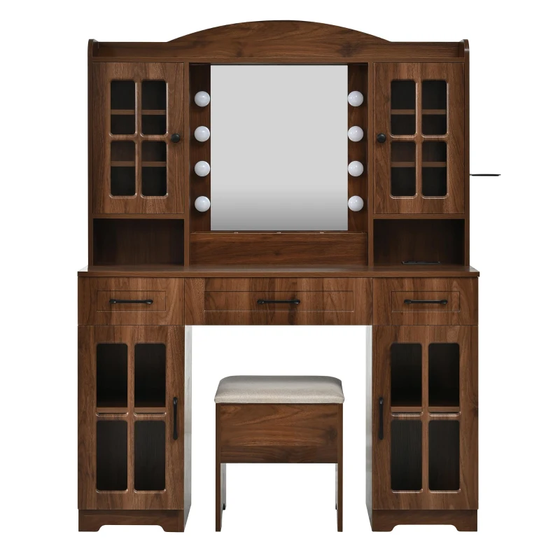 Farmhouse Makeup Vanity with Lighted Mirror and Power Outlet, Chic Dressing Table with Drawers and Stool, 47'' L x 15.5" W x 61.5" H, Walnut