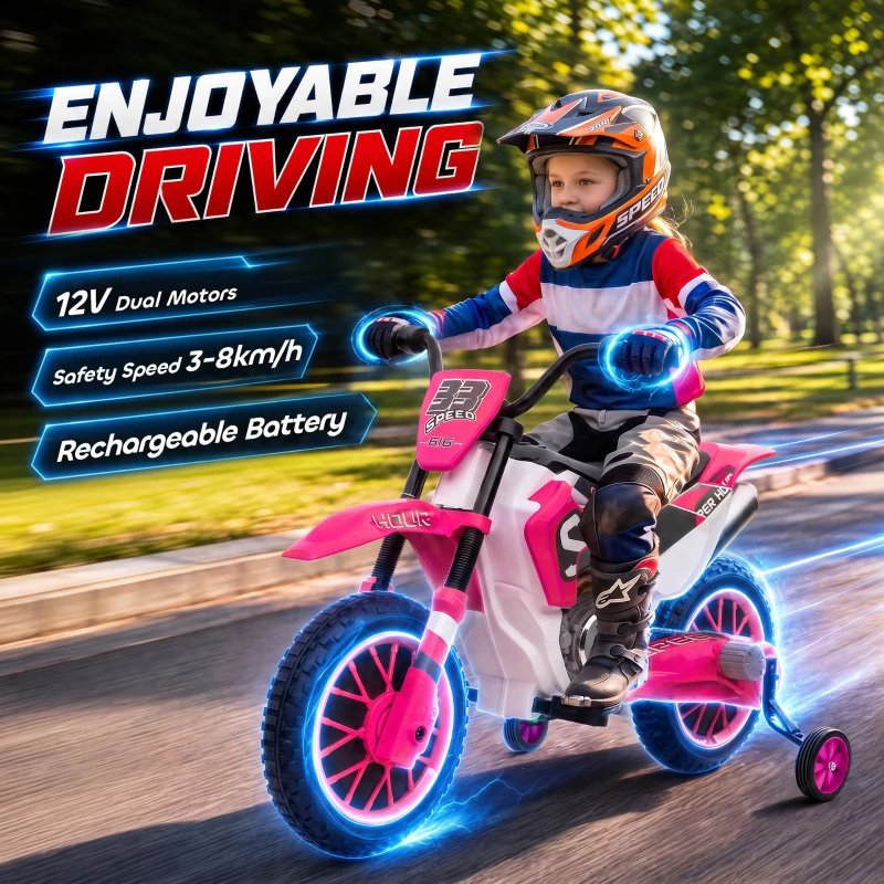 Aosom 12V Kids Motorcycle with Dual Motors, Training Wheels, Rear Suspension, Soft Start, Max Speed 5 MPH, for 3-6 Years, Pink