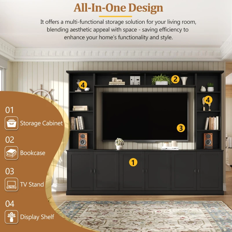 Mid-Century Entertainment Centre with 7 Adjustable Shelves, 4-Piece TV Wall Unit Console with 6 Cable Holes, 95.5'' L x 15.5'' W x 76.5'' H, Black