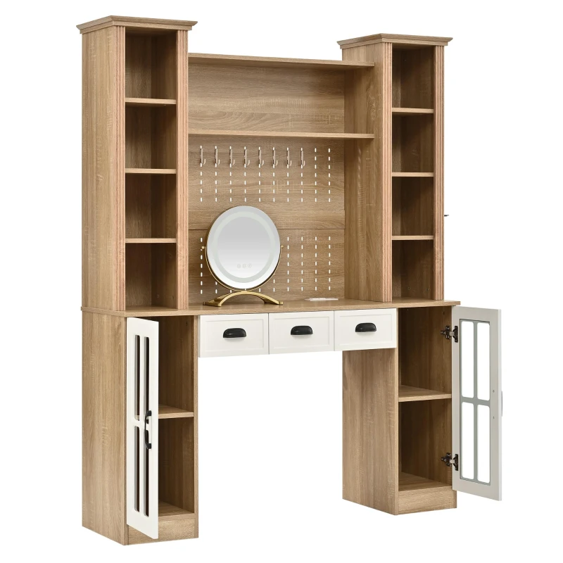 Farmhouse Makeup Vanity with LED Mirror and Power Outlet, Chic Dressing Desk with Jewelry Organizer, 54.5'' L x 15.5" W x 70" H, Natural+White