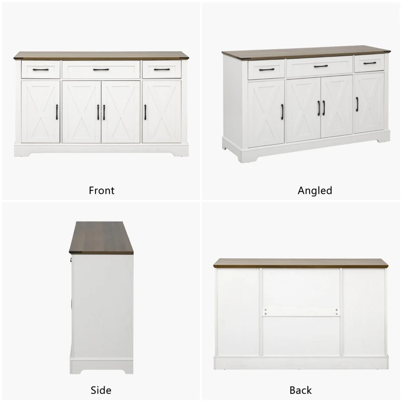 Farmhouse Buffet Cabinet with Metal Hardware and Wood Grain, Sturdy Sideboard for Kitchen and Dining Room, 55'' L x 15.5" W x 32" H, Vintage White