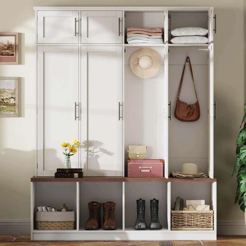 Rustic Farmhouse Hall Tree with 8 Storage Doors, Heavy-Duty Shoe Storage Bench Unit with 4 Bottom Compartments, 59'' L x 15.5'' W x 75'' H, White