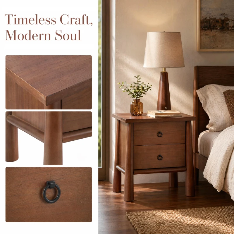 Modern Nightstand with 2 smooth-gliding drawers, Wooden Bedside Storage Table with Signature Rounded Legs, 23.5'' L x 15.5'' W x 23.5'' H, Brown