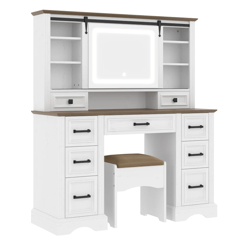 Farmhouse Dressing Vanity Desk with Sliding 3-Colour LED Mirror, Modern Makeup Table Unit with 9 Drawers, 47'' L x 15.5'' W x 55'' H, Brown+White
