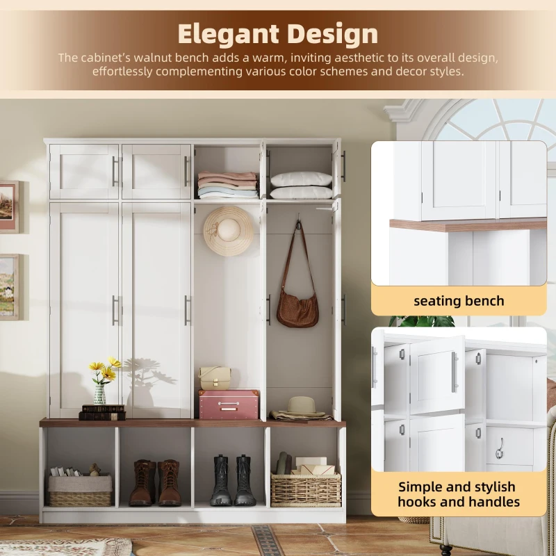 Rustic Farmhouse Hall Tree with 8 Storage Doors, Heavy-Duty Shoe Storage Bench Unit with 4 Bottom Compartments, 59'' L x 15.5'' W x 75'' H, White