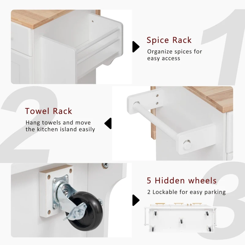 Vintage Kitchen Island with Trash Storage and Organizers, Versatile Rolling Cart with Power Outlet and Spice Rack, 59'' L x 29.5" W x 35.5" H, White