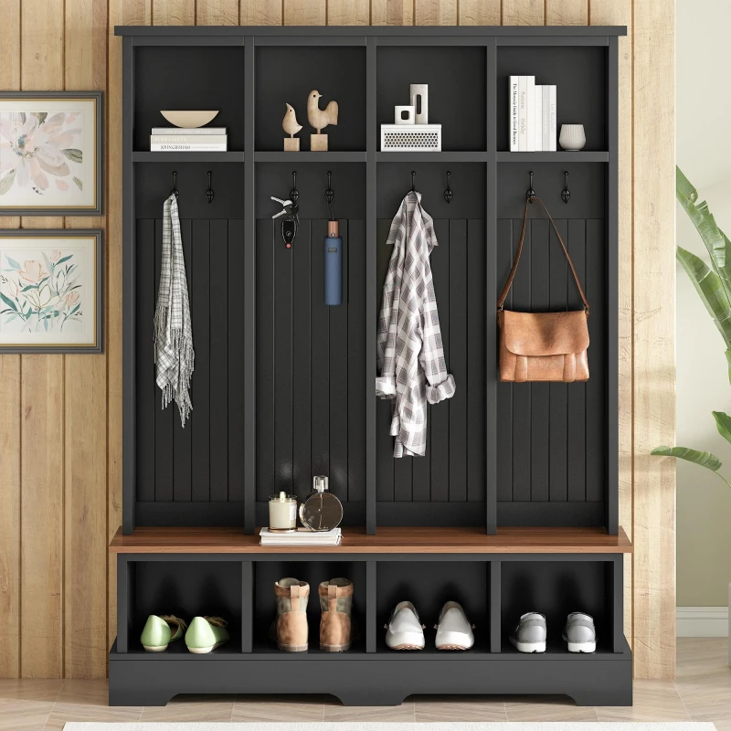 Farmhouse Hall Tree Coat Rack with 8 Retro Hooks, Shoe Bench Unit with 8 Storage Compartments, 59'' L x 15.5'' W x 76.5'' H, Black