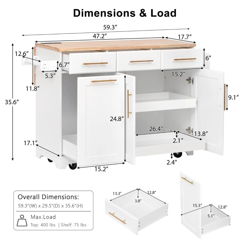Vintage Kitchen Island with Trash Storage and Organizers, Versatile Rolling Cart with Power Outlet and Spice Rack, 59'' L x 29.5" W x 35.5" H, White