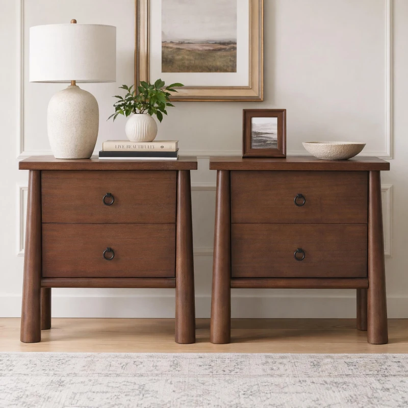 Modern Nightstand Set of 2 with 2 Drawers, Wooden Bedside Storage Tables with Signature Rounded Legs, 23.5'' L x 15.5'' W x 23.5'' H, Brown