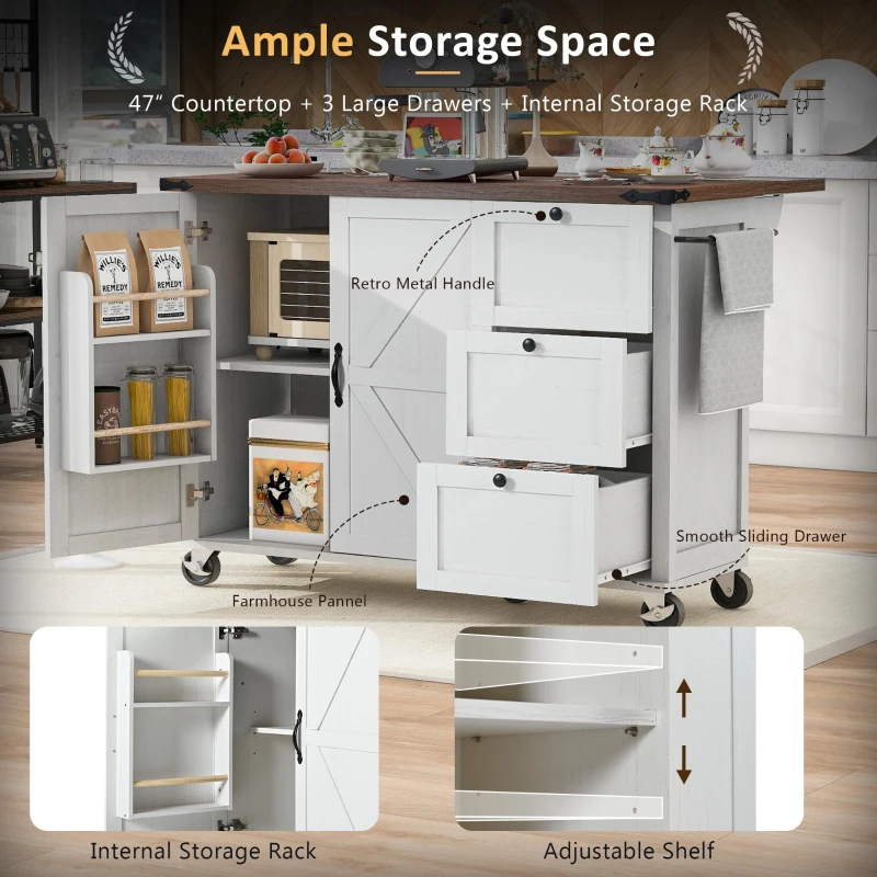 Farmhouse Kitchen Island with Power Outlet and Drop Leaf, Versatile Rolling Cart with Spice Rack and Storage, 54.5'' L x 28.5" W x 36.5" H, White