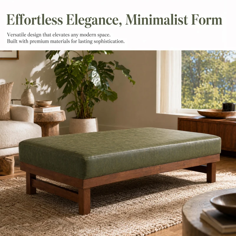 Sleek Large Ottoman with Faux Leather and Walnut Legs, Versatile Coffee Table for Living Room and Bedroom, 48" L × 27.5" W × 15.5" H, Green