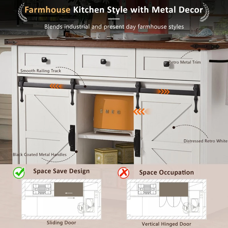 Farmhouse Kitchen Island with Power Outlet, Drop Leaf and Sliding Barn Doors, Versatile Rolling Cart for Kitchen, 53.5'' L x 18.5" W x 37" H, White