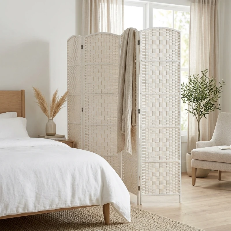 HOMCOM Room Divider, 4 Panel Folding Privacy Screen, 6FT Tall Portable Weave Partition Wall Divider for Bedroom, White