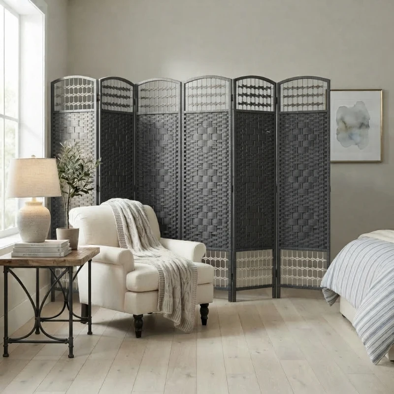 HOMCOM 6 Panel Folding Room Divider Portable Privacy Screen Wave Fiber Room Partition for Home Office Dark Gray