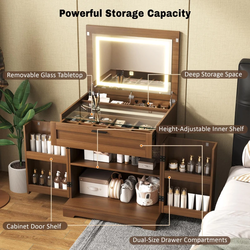 Versatile 3-in-1 Flip Top Makeup Vanity Cabinet with LED Lighted Mirror, Rustic Dressing Table for Bedroom, 26.5'' L x 19.5" W x 29.5" H, Walnut