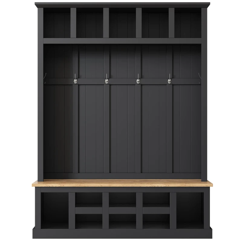 Farmhouse Hall Tree Coat Rack with 13 Compartments, Shoe Storage Bench Unit with Wide Storage Seating Bench, 59'' L x 18'' W x 79'' H, Black