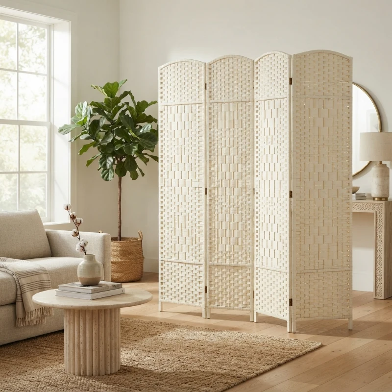 HOMCOM Folding Room Divider Screen 4 Panel 6' Tall Privacy Screen Freestanding Wood Partition for Home Office, White