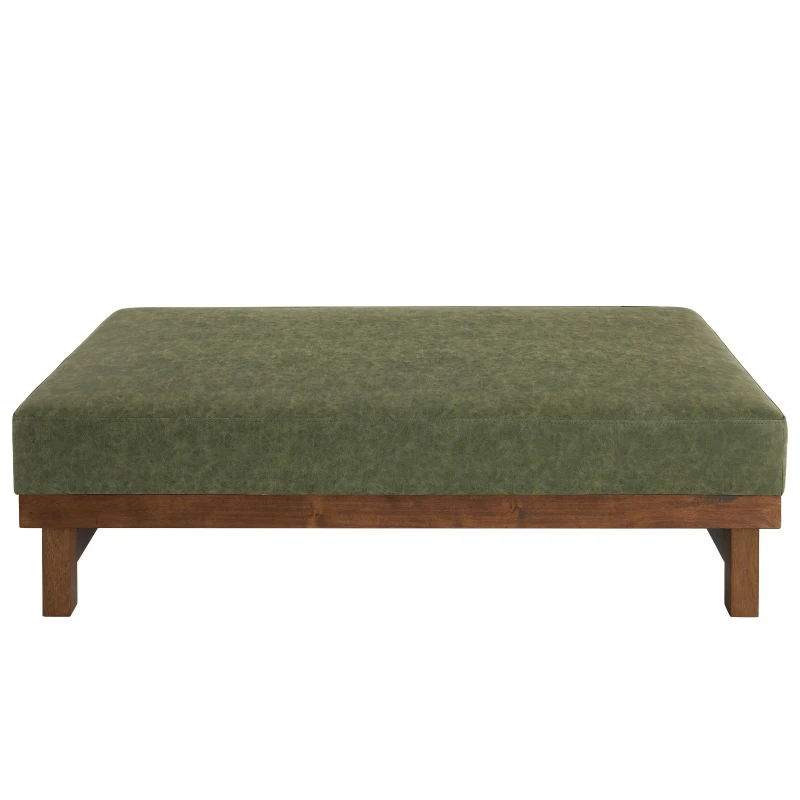 Sleek Large Ottoman with Faux Leather and Walnut Legs, Versatile Coffee Table for Living Room and Bedroom, 48" L × 27.5" W × 15.5" H, Green