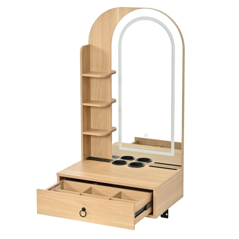 Modern Floating Makeup Vanity with Arched Mirror, Outlet and 3-Color Lights, Versatile Wall Vanity for Bedrooms, 23'' L x 15.5" W x 48" H, Natural