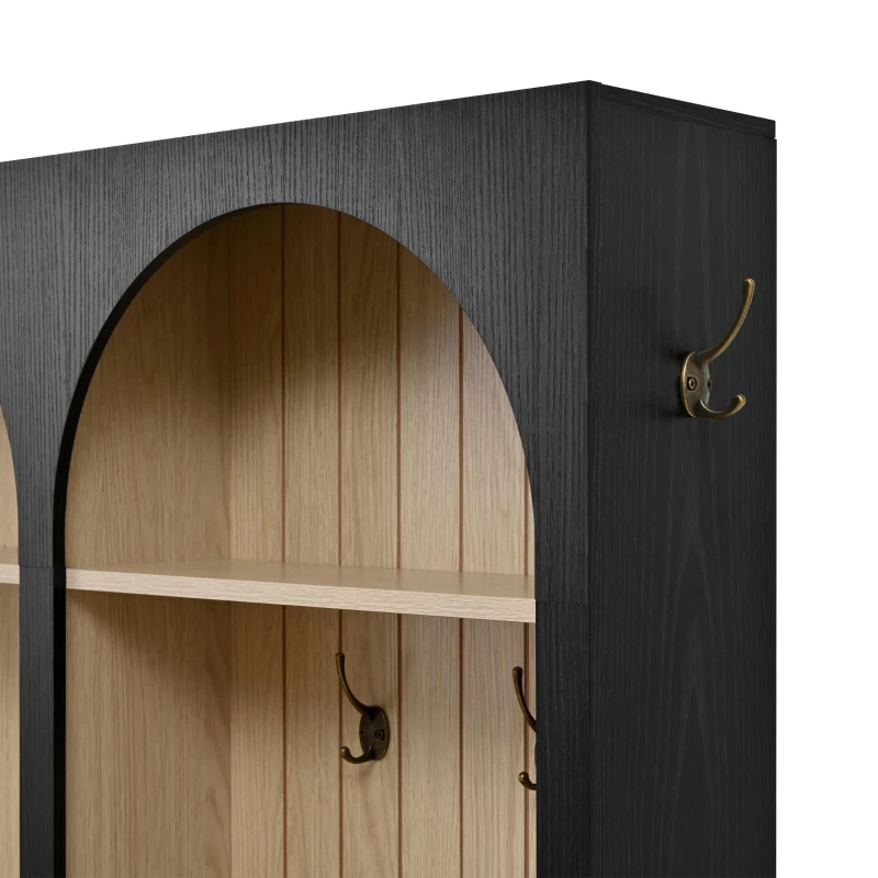 Farmhouse Hall Tree Coat Rack with 3 Arches and 8 Retro Hooks, Shoe Storage Bench Unit with 3 Drawers, 59'' L x 15.5'' W x 75'' H, Black