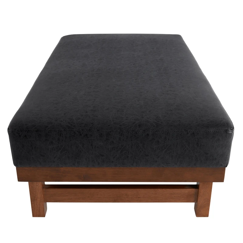 Sleek Large Ottoman with Faux Leather and Walnut Legs, Versatile Coffee Table for Living Room and Bedroom, 48" L × 27.5" W × 15.5" H, Black